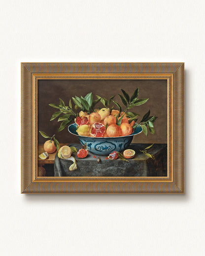 Pomegranates, Oranges, and Lemons in a Porcelain Bowl — 12 x 9, Signature Antiqued Gold Comb frame