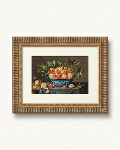 Pomegranates, Oranges, and Lemons in a Porcelain Bowl — 12 x 9, Signature Antiqued Gold Comb frame, with off-white mat