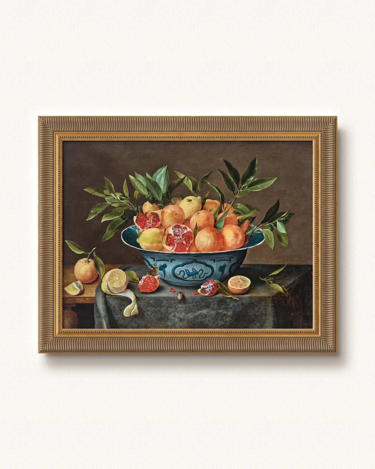 Pomegranates, Oranges, and Lemons in a Porcelain Bowl — 16 x 12, Signature Antiqued Gold Comb frame