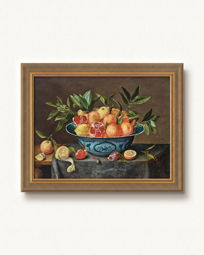 Pomegranates, Oranges, and Lemons in a Porcelain Bowl — 16 x 12, Signature Antiqued Gold Comb frame