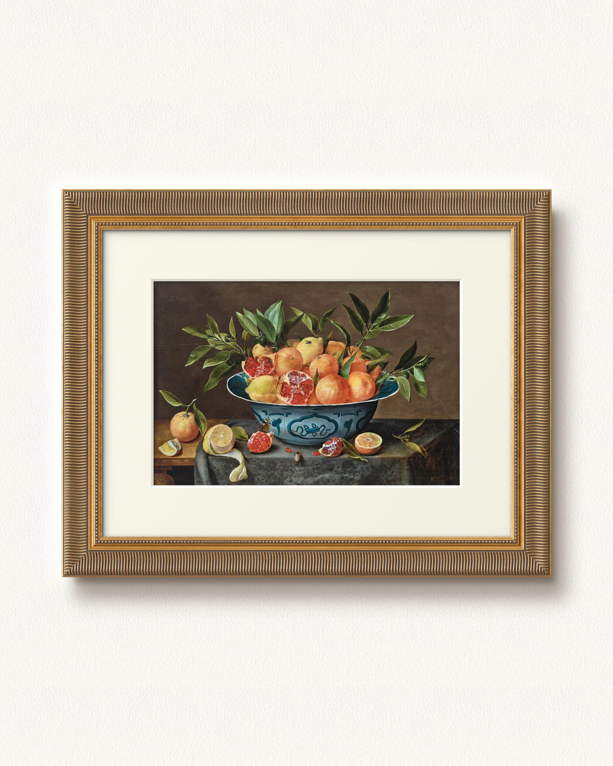 Pomegranates, Oranges, and Lemons in a Porcelain Bowl — 16 x 12, Signature Antiqued Gold Comb frame, with off-white mat