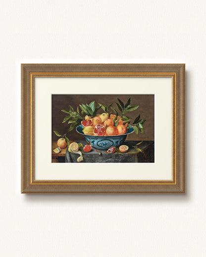 Pomegranates, Oranges, and Lemons in a Porcelain Bowl — 16 x 12, Signature Antiqued Gold Comb frame, with off-white mat