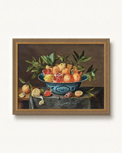 Pomegranates, Oranges, and Lemons in a Porcelain Bowl — 24 x 18, Signature Antiqued Gold Comb frame