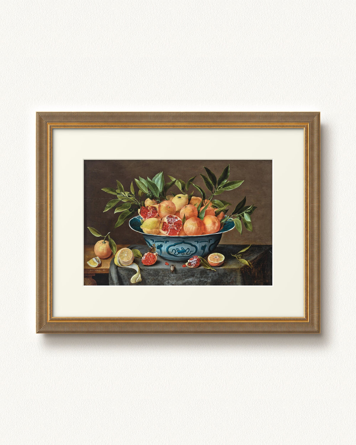 Pomegranates, Oranges, and Lemons in a Porcelain Bowl — 24 x 18, Signature Antiqued Gold Comb frame, with off-white mat