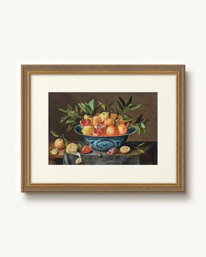 Pomegranates, Oranges, and Lemons in a Porcelain Bowl — 24 x 18, Signature Antiqued Gold Comb frame, with off-white mat