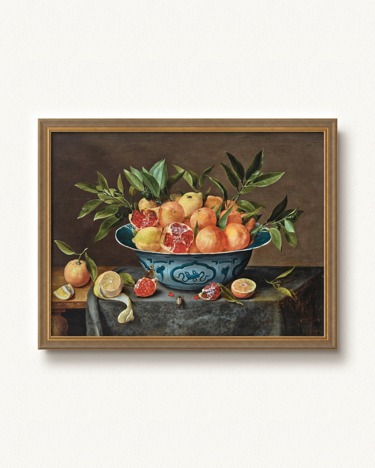 Pomegranates, Oranges, and Lemons in a Porcelain Bowl — 32 x 24, Signature Antiqued Gold Comb frame