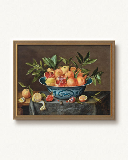 Pomegranates, Oranges, and Lemons in a Porcelain Bowl — 32 x 24, Signature Antiqued Gold Comb frame