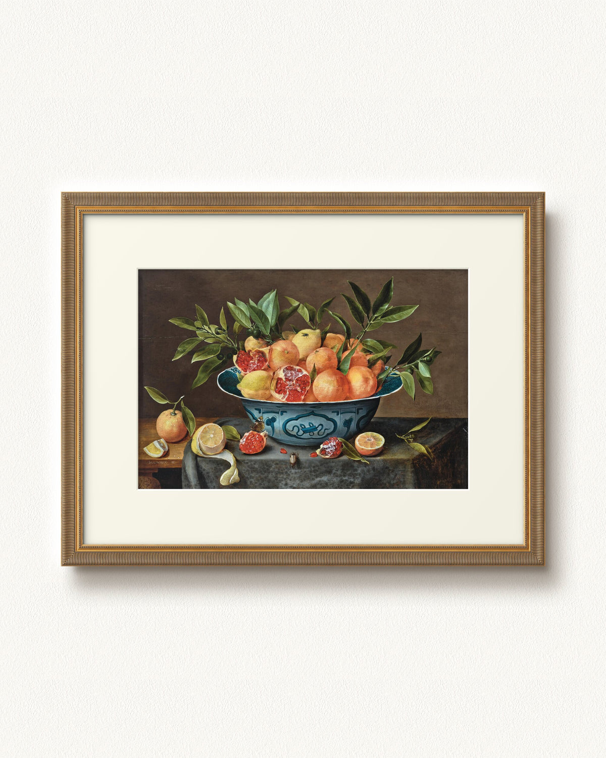 Pomegranates, Oranges, and Lemons in a Porcelain Bowl — 32 x 24, Signature Antiqued Gold Comb frame, with off-white mat