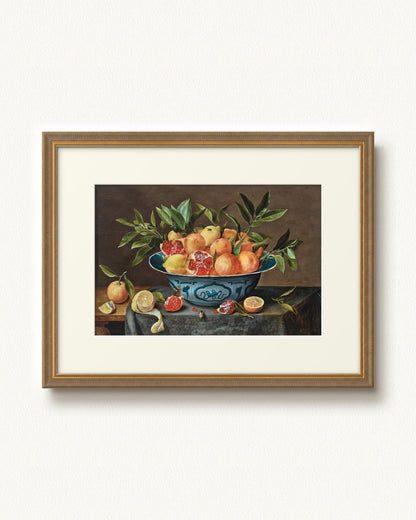 Pomegranates, Oranges, and Lemons in a Porcelain Bowl — 32 x 24, Signature Antiqued Gold Comb frame, with off-white mat