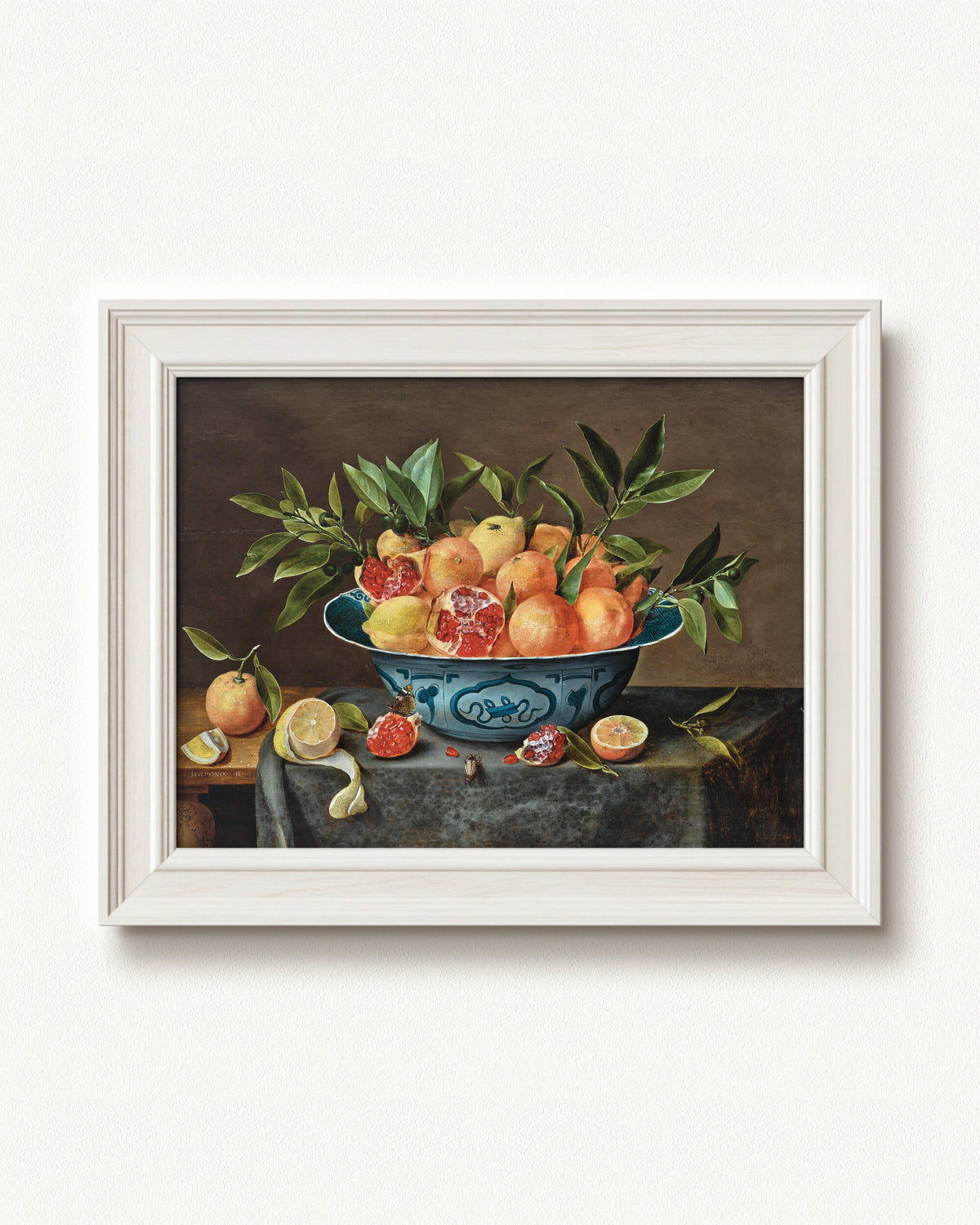 Pomegranates, Oranges, and Lemons in a Porcelain Bowl — 12 x 9, Signature Classic Off-White frame