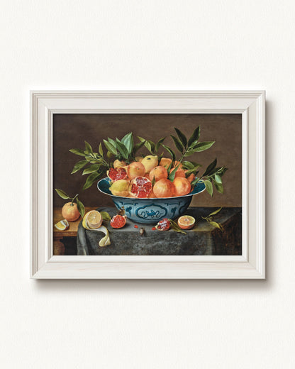 Pomegranates, Oranges, and Lemons in a Porcelain Bowl — 12 x 9, Signature Classic Off-White frame