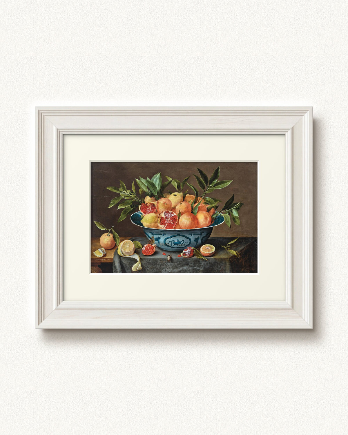 Pomegranates, Oranges, and Lemons in a Porcelain Bowl — 12 x 9, Signature Classic Off-White frame, with off-white mat