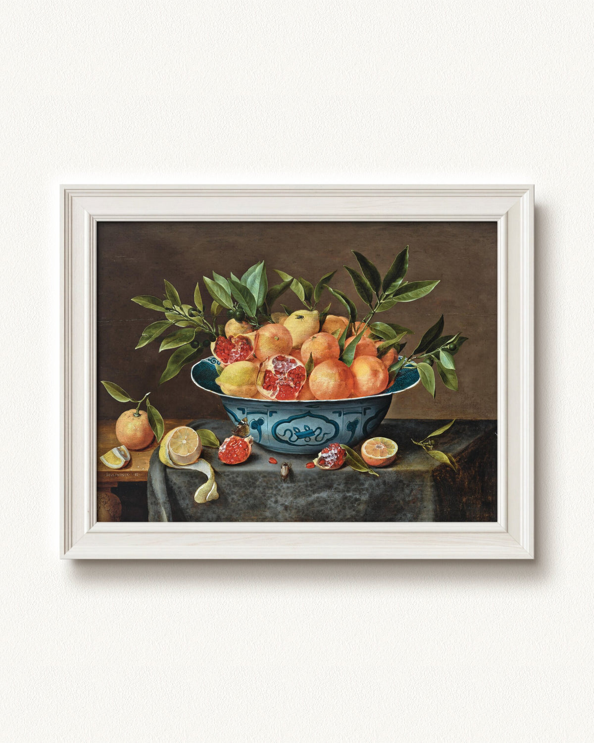 Pomegranates, Oranges, and Lemons in a Porcelain Bowl — 16 x 12, Signature Classic Off-White frame