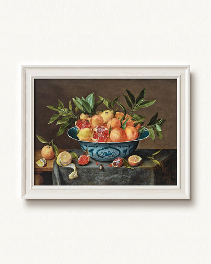 Pomegranates, Oranges, and Lemons in a Porcelain Bowl — 16 x 12, Signature Classic Off-White frame