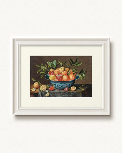 Pomegranates, Oranges, and Lemons in a Porcelain Bowl — 16 x 12, Signature Classic Off-White frame, with off-white mat