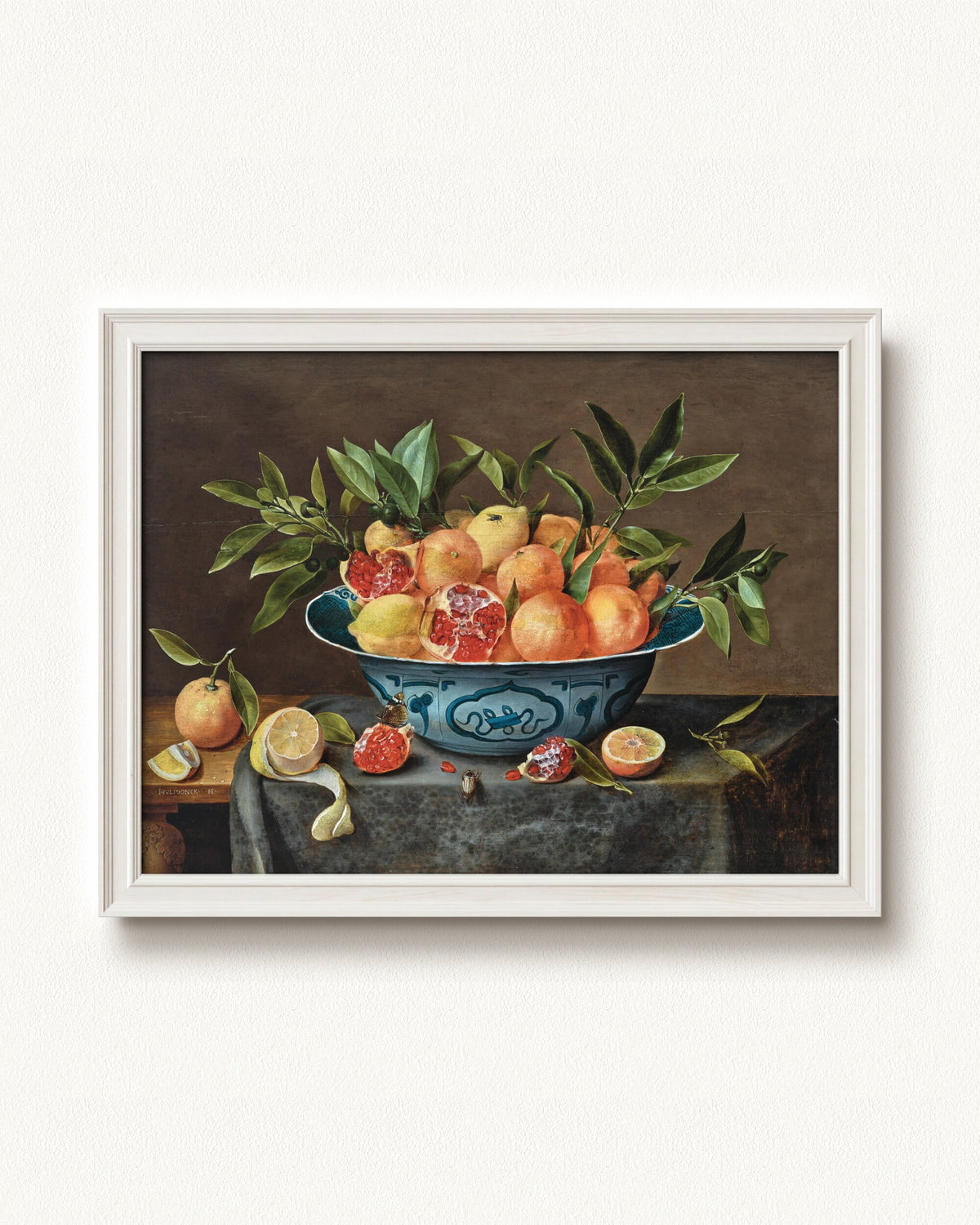 Pomegranates, Oranges, and Lemons in a Porcelain Bowl — 24 x 18, Signature Classic Off-White frame