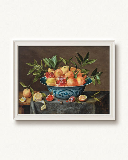 Pomegranates, Oranges, and Lemons in a Porcelain Bowl — 24 x 18, Signature Classic Off-White frame