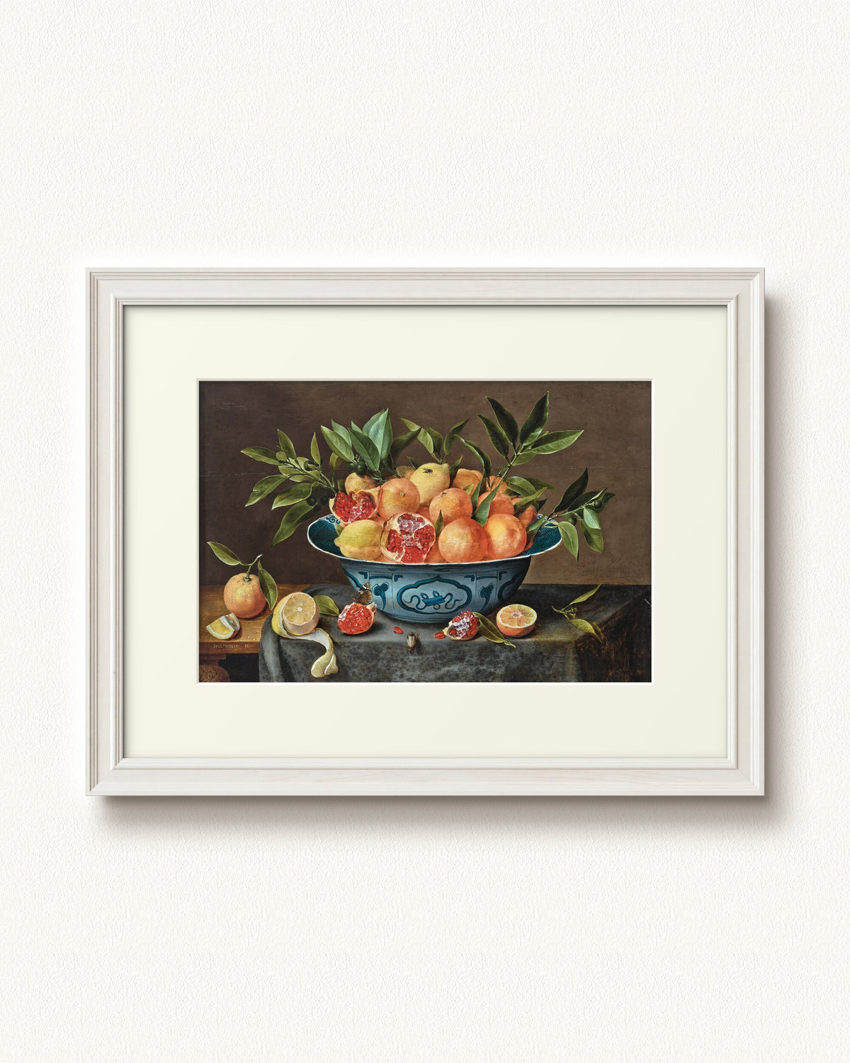 Pomegranates, Oranges, and Lemons in a Porcelain Bowl — 24 x 18, Signature Classic Off-White frame, with off-white mat