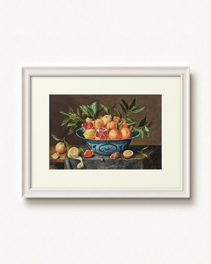 Pomegranates, Oranges, and Lemons in a Porcelain Bowl — 24 x 18, Signature Classic Off-White frame, with off-white mat