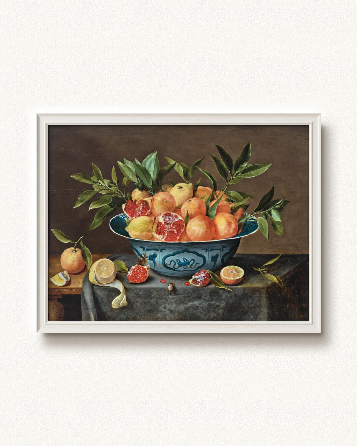 Pomegranates, Oranges, and Lemons in a Porcelain Bowl — 32 x 24, Signature Classic Off-White frame
