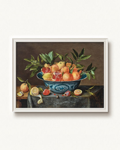 Pomegranates, Oranges, and Lemons in a Porcelain Bowl — 32 x 24, Signature Classic Off-White frame