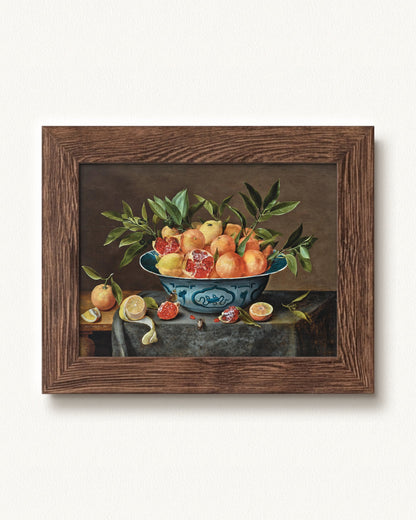 Pomegranates, Oranges, and Lemons in a Porcelain Bowl — 12 x 9, Signature Distressed Wood frame