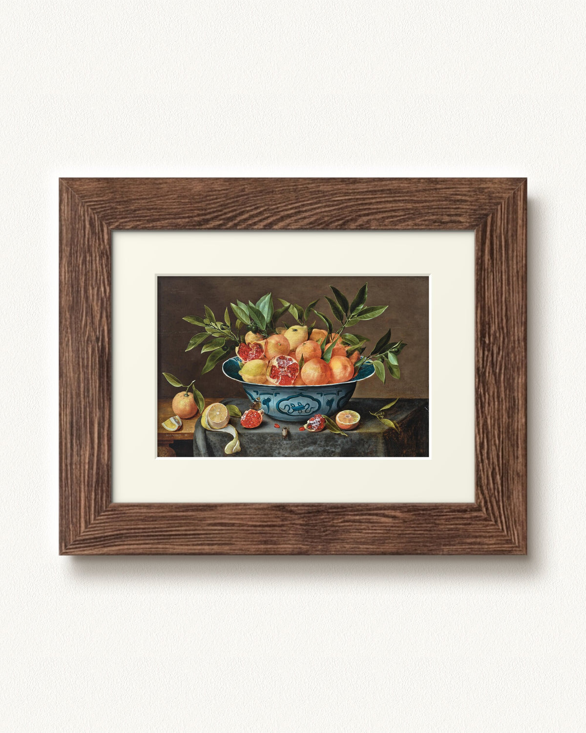 Pomegranates, Oranges, and Lemons in a Porcelain Bowl — 12 x 9, Signature Distressed Wood frame, with off-white mat