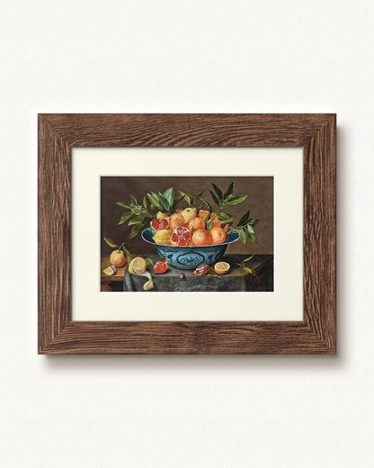 Pomegranates, Oranges, and Lemons in a Porcelain Bowl — 12 x 9, Signature Distressed Wood frame, with off-white mat