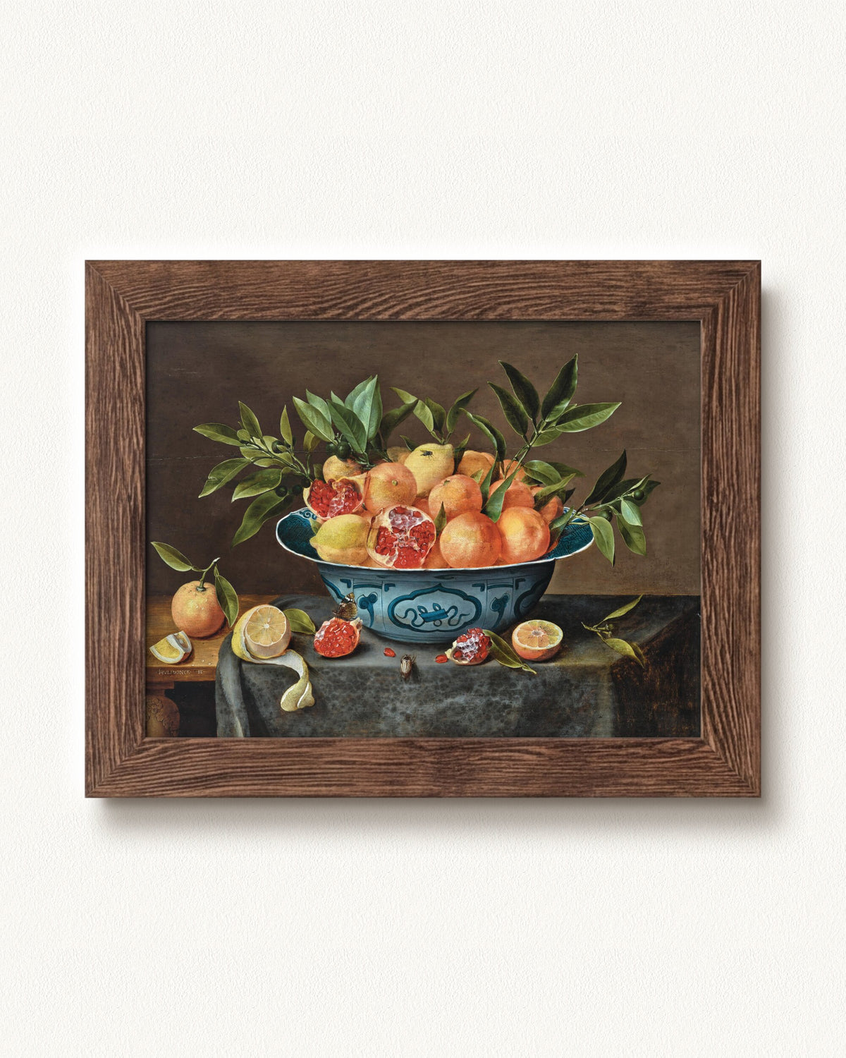 Pomegranates, Oranges, and Lemons in a Porcelain Bowl — 16 x 12, Signature Distressed Wood frame