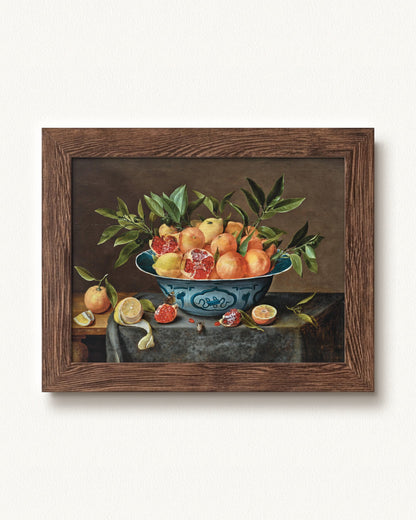 Pomegranates, Oranges, and Lemons in a Porcelain Bowl — 16 x 12, Signature Distressed Wood frame