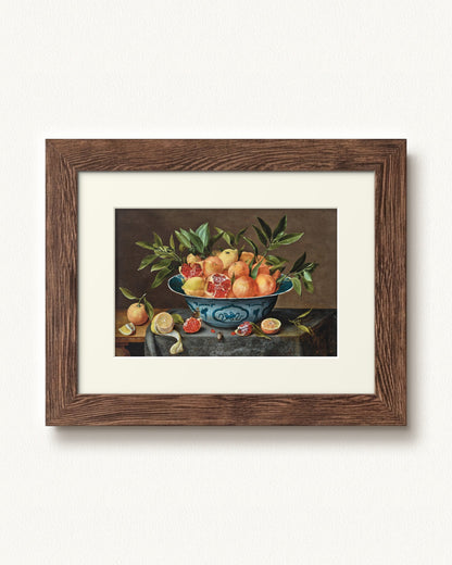 Pomegranates, Oranges, and Lemons in a Porcelain Bowl — 16 x 12, Signature Distressed Wood frame, with off-white mat