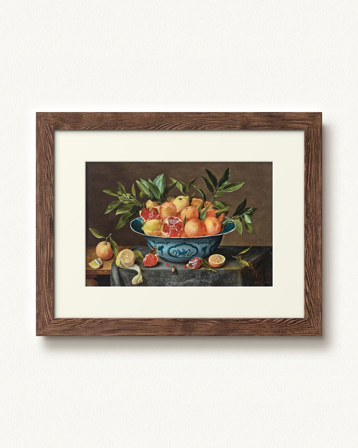 Pomegranates, Oranges, and Lemons in a Porcelain Bowl — 24 x 18, Signature Distressed Wood frame, with off-white mat