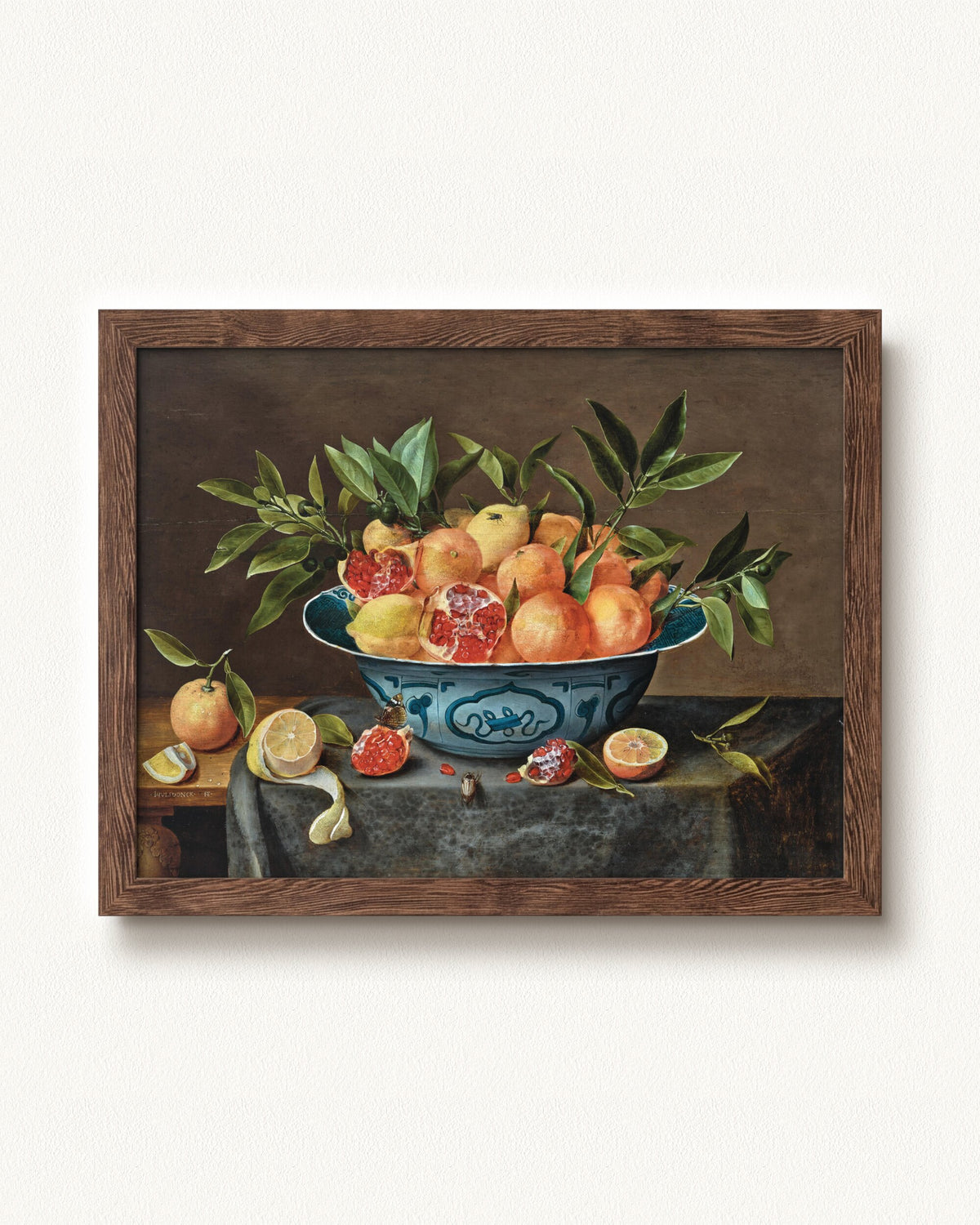 Pomegranates, Oranges, and Lemons in a Porcelain Bowl — 32 x 24, Signature Distressed Wood frame