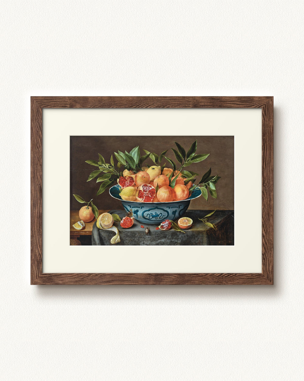 Pomegranates, Oranges, and Lemons in a Porcelain Bowl — 32 x 24, Signature Distressed Wood frame, with off-white mat