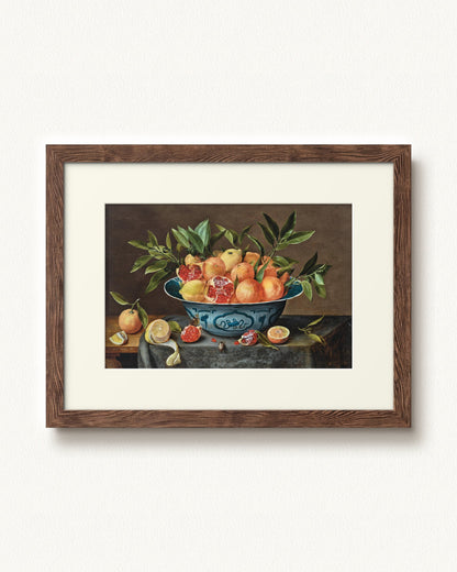 Pomegranates, Oranges, and Lemons in a Porcelain Bowl — 32 x 24, Signature Distressed Wood frame, with off-white mat