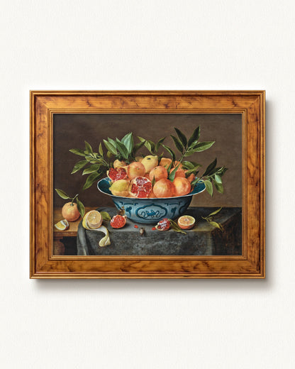 Pomegranates, Oranges, and Lemons in a Porcelain Bowl — 12 x 9, Signature Golden Estate frame