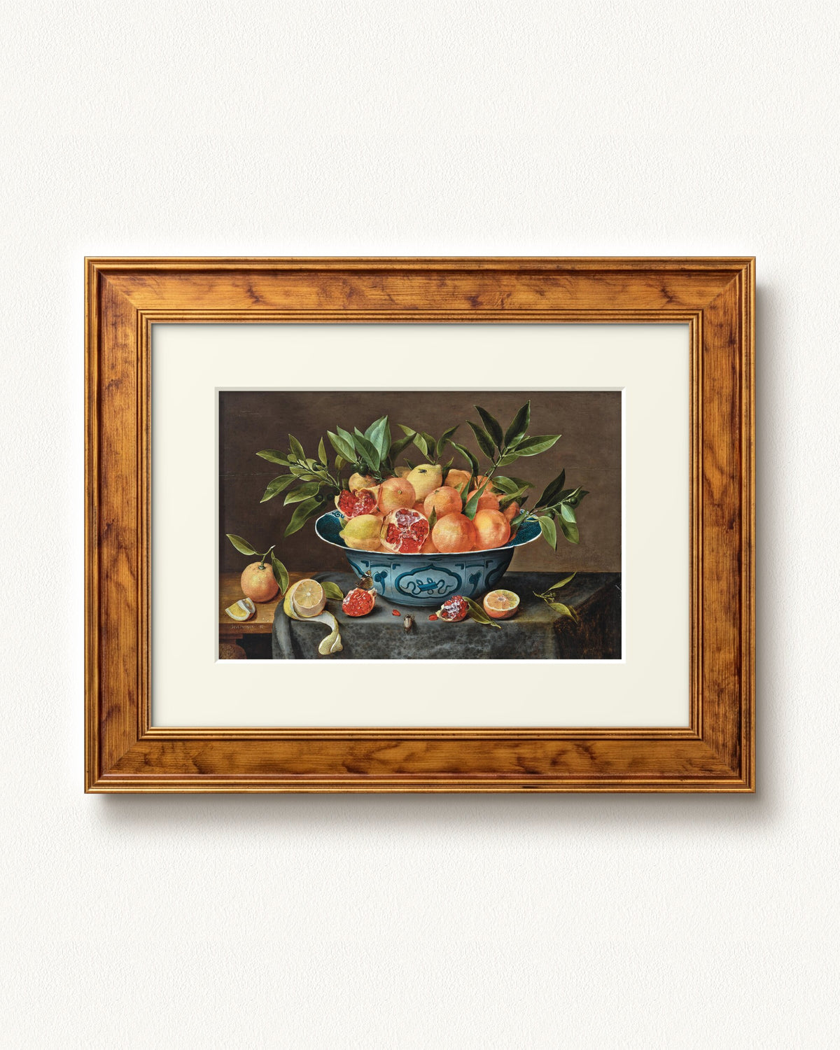 Pomegranates, Oranges, and Lemons in a Porcelain Bowl — 12 x 9, Signature Golden Estate frame, with off-white mat