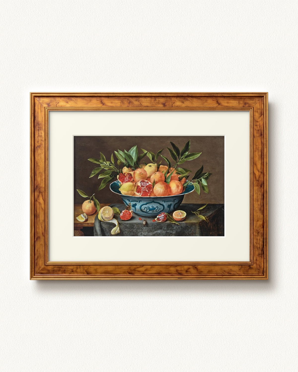 Pomegranates, Oranges, and Lemons in a Porcelain Bowl — 16 x 12, Signature Golden Estate frame, with off-white mat