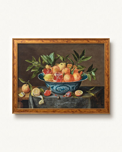 Pomegranates, Oranges, and Lemons in a Porcelain Bowl — 24 x 18, Signature Golden Estate frame