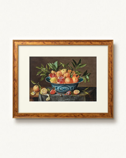 Pomegranates, Oranges, and Lemons in a Porcelain Bowl — 24 x 18, Signature Golden Estate frame, with off-white mat