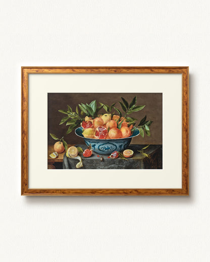 Pomegranates, Oranges, and Lemons in a Porcelain Bowl — 32 x 24, Signature Golden Estate frame, with off-white mat