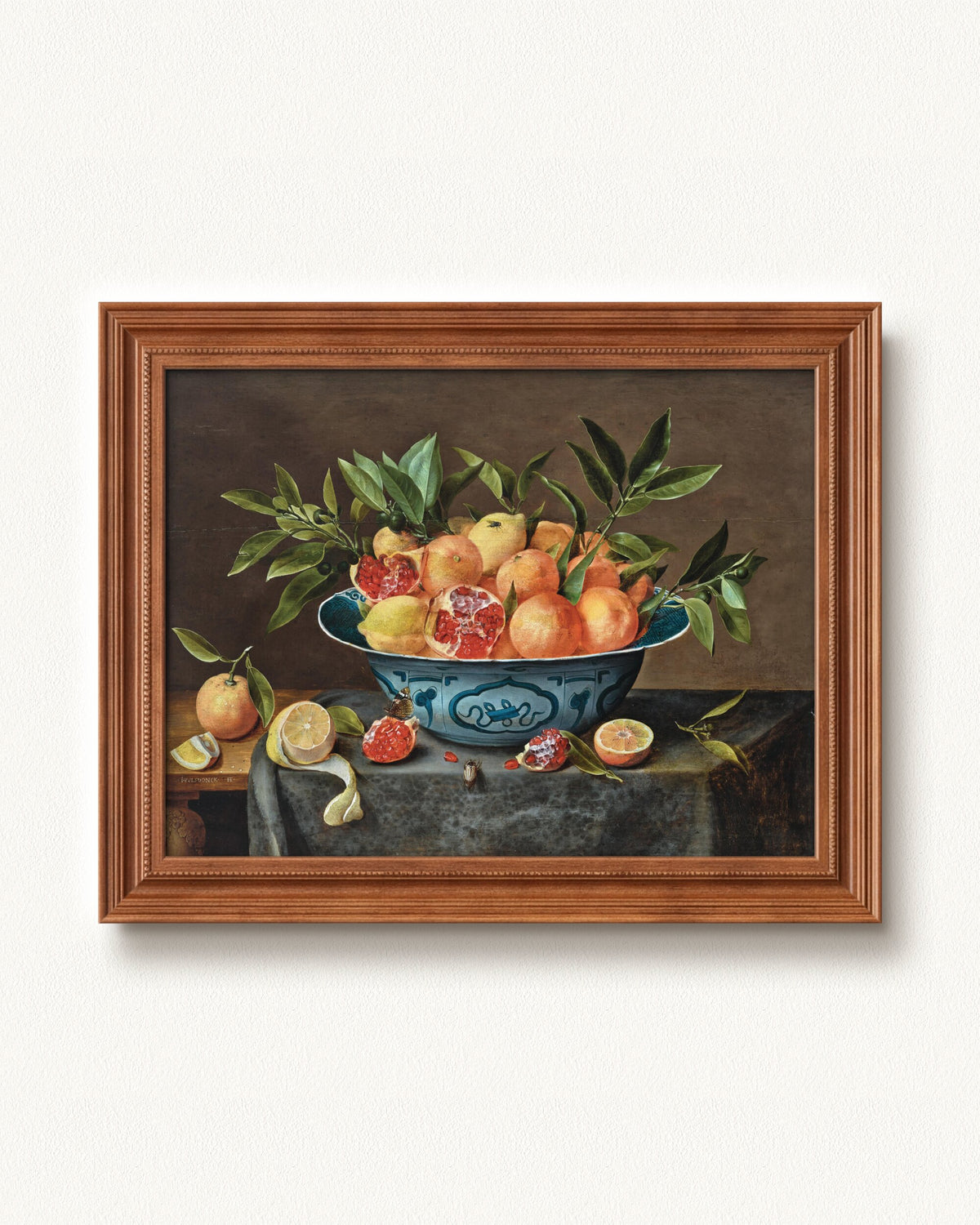 Pomegranates, Oranges, and Lemons in a Porcelain Bowl — 12 x 9, Signature Honey Stain frame