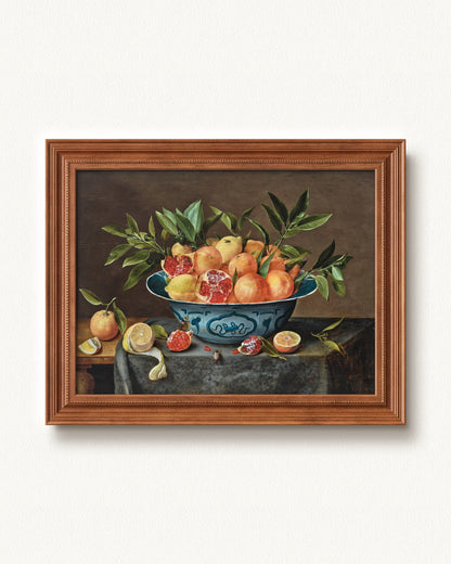 Pomegranates, Oranges, and Lemons in a Porcelain Bowl — 12 x 9, Signature Honey Stain frame