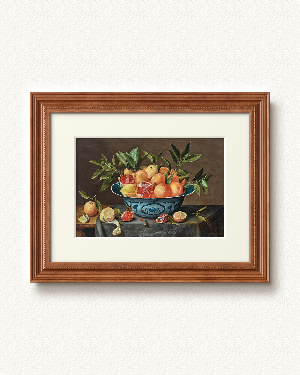 Pomegranates, Oranges, and Lemons in a Porcelain Bowl — 12 x 9, Signature Honey Stain frame, with off-white mat