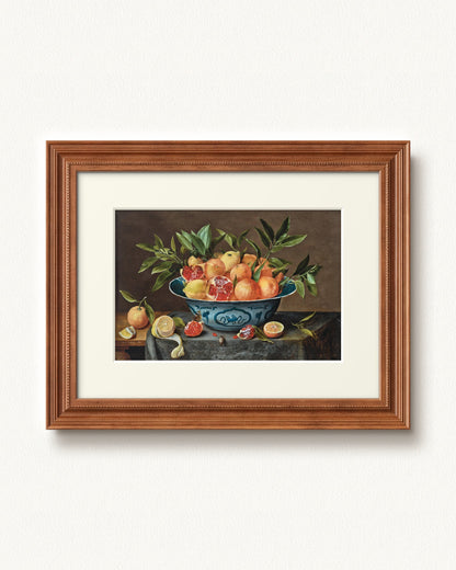 Pomegranates, Oranges, and Lemons in a Porcelain Bowl — 12 x 9, Signature Honey Stain frame, with off-white mat