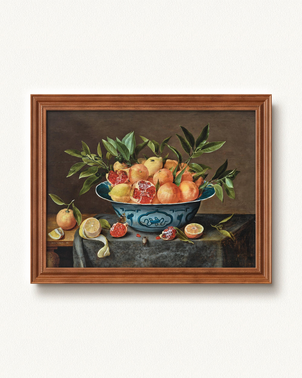 Pomegranates, Oranges, and Lemons in a Porcelain Bowl — 16 x 12, Signature Honey Stain frame