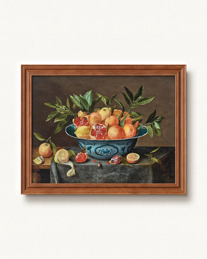Pomegranates, Oranges, and Lemons in a Porcelain Bowl — 16 x 12, Signature Honey Stain frame
