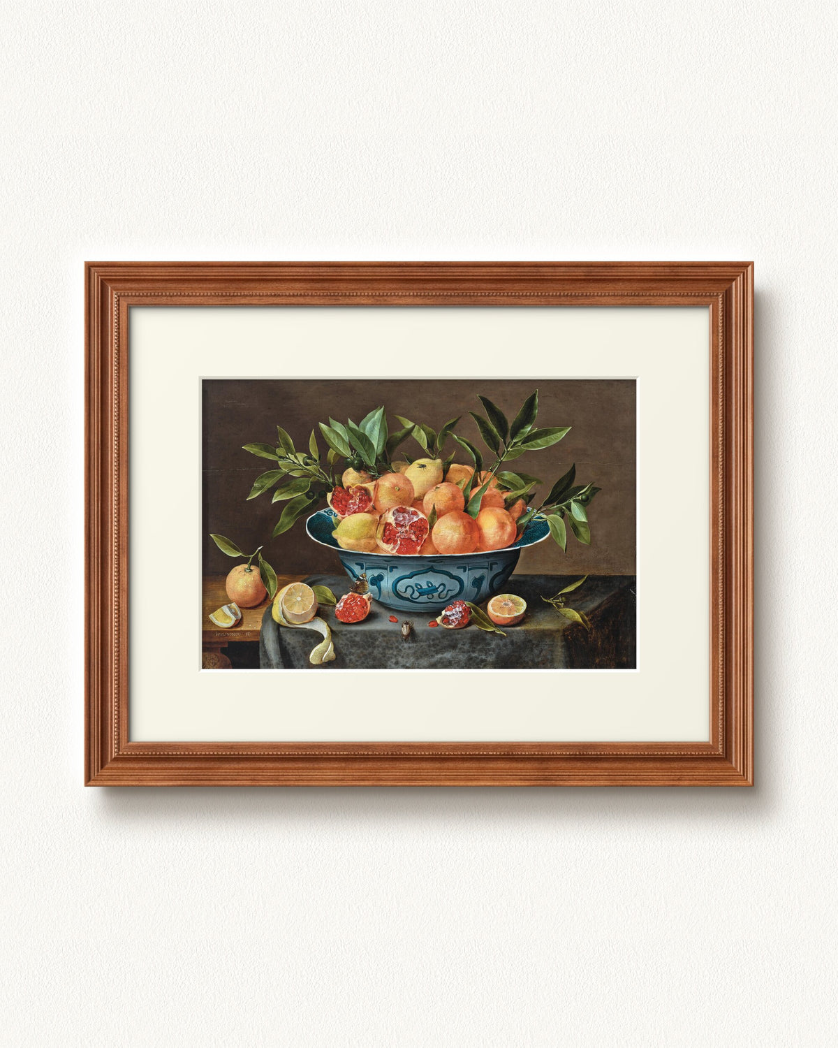 Pomegranates, Oranges, and Lemons in a Porcelain Bowl — 16 x 12, Signature Honey Stain frame, with off-white mat