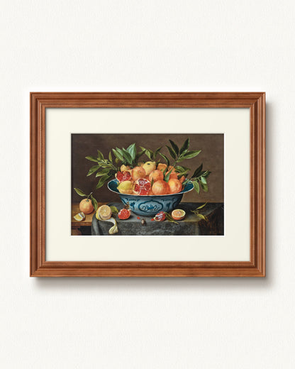 Pomegranates, Oranges, and Lemons in a Porcelain Bowl — 16 x 12, Signature Honey Stain frame, with off-white mat