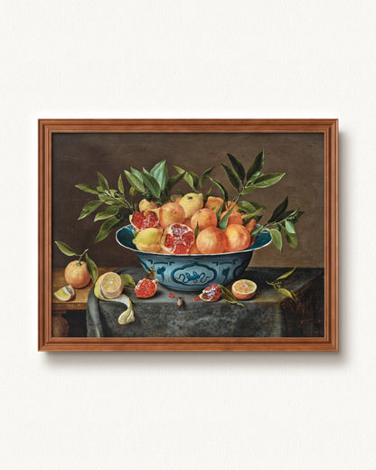 Pomegranates, Oranges, and Lemons in a Porcelain Bowl — 24 x 18, Signature Honey Stain frame